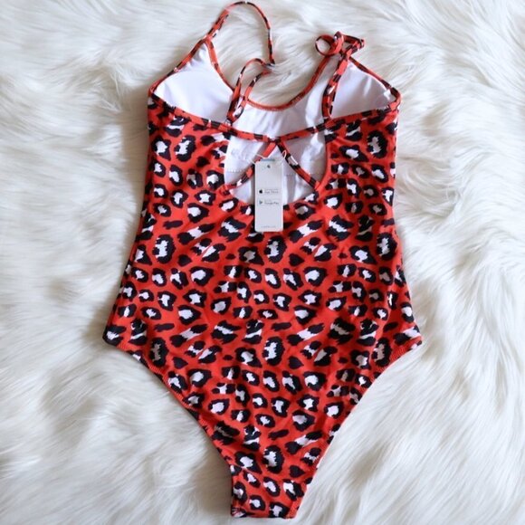NEW Red Orange Animal Leopard Print One Piece Bathing Suit Size XL - Picture 6 of 9